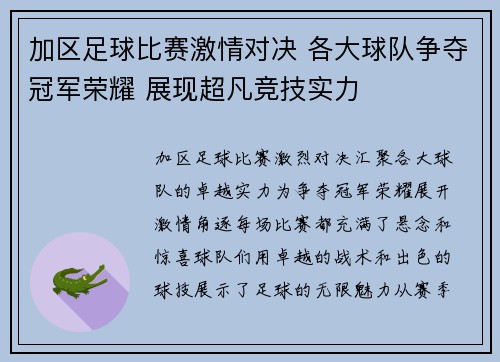 加区足球比赛激情对决 各大球队争夺冠军荣耀 展现超凡竞技实力