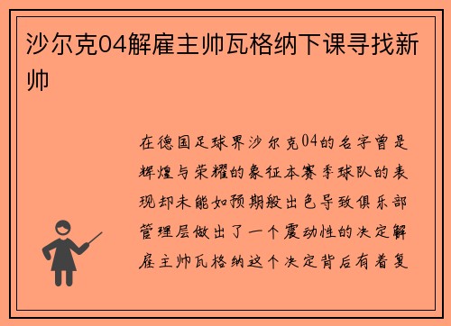 沙尔克04解雇主帅瓦格纳下课寻找新帅