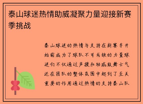 泰山球迷热情助威凝聚力量迎接新赛季挑战