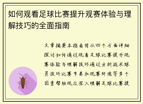 如何观看足球比赛提升观赛体验与理解技巧的全面指南