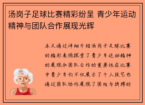 汤岗子足球比赛精彩纷呈 青少年运动精神与团队合作展现光辉