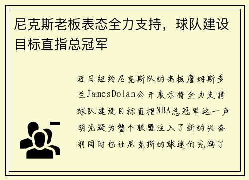 尼克斯老板表态全力支持，球队建设目标直指总冠军