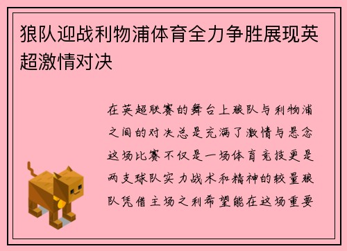 狼队迎战利物浦体育全力争胜展现英超激情对决