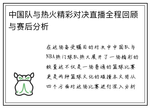 中国队与热火精彩对决直播全程回顾与赛后分析