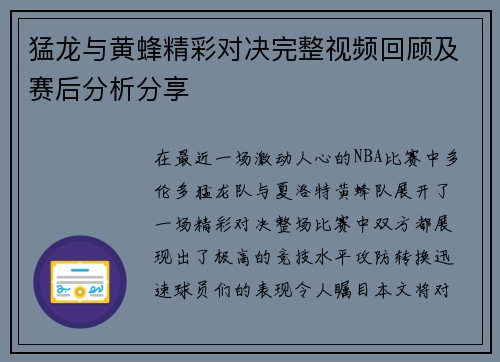 猛龙与黄蜂精彩对决完整视频回顾及赛后分析分享