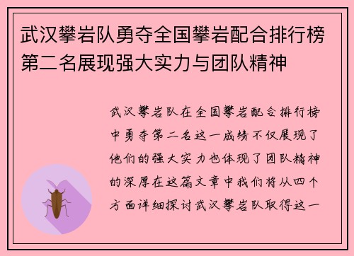 武汉攀岩队勇夺全国攀岩配合排行榜第二名展现强大实力与团队精神