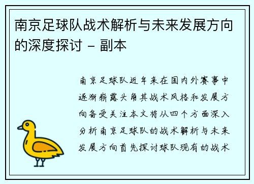 南京足球队战术解析与未来发展方向的深度探讨 - 副本