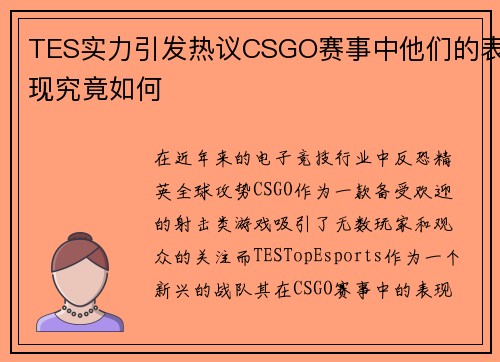 TES实力引发热议CSGO赛事中他们的表现究竟如何